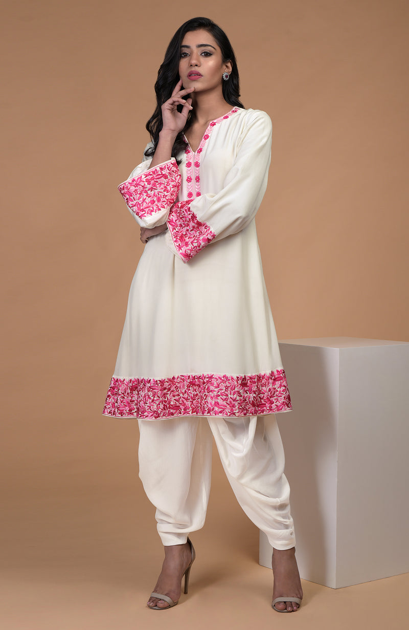 Ivory Pink Parsi Gara Embroidered Kurta Set