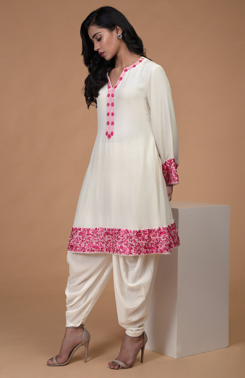 Ivory Pink Parsi Gara Embroidered Kurta Set