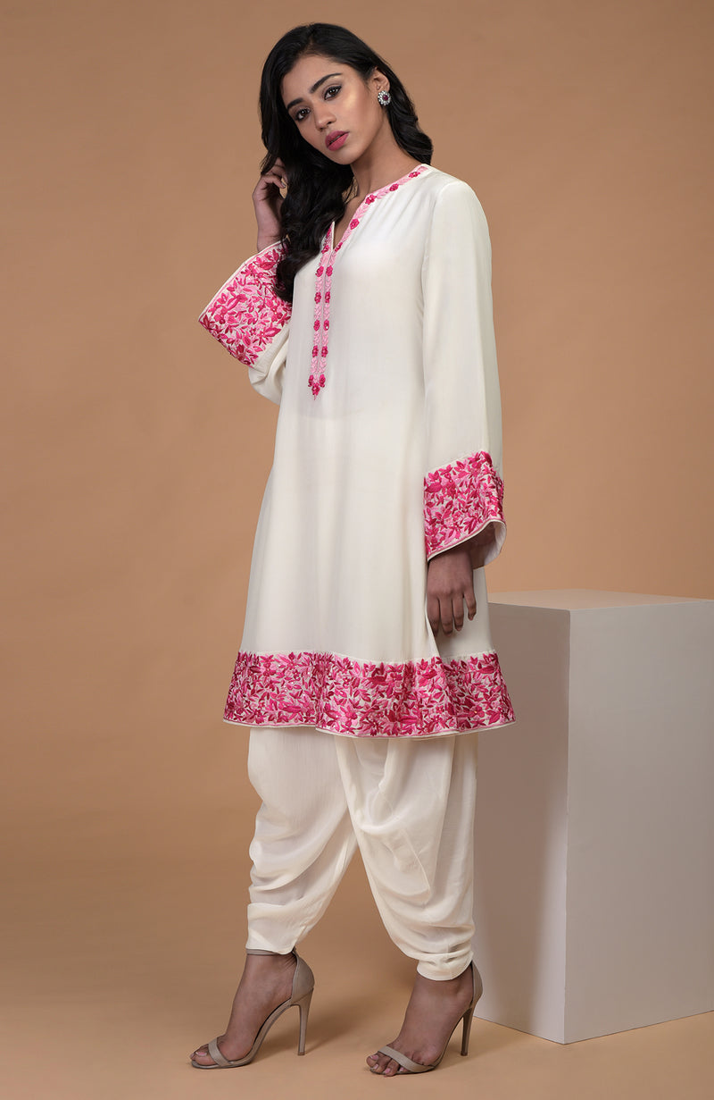 Ivory Pink Parsi Gara Embroidered Kurta Set