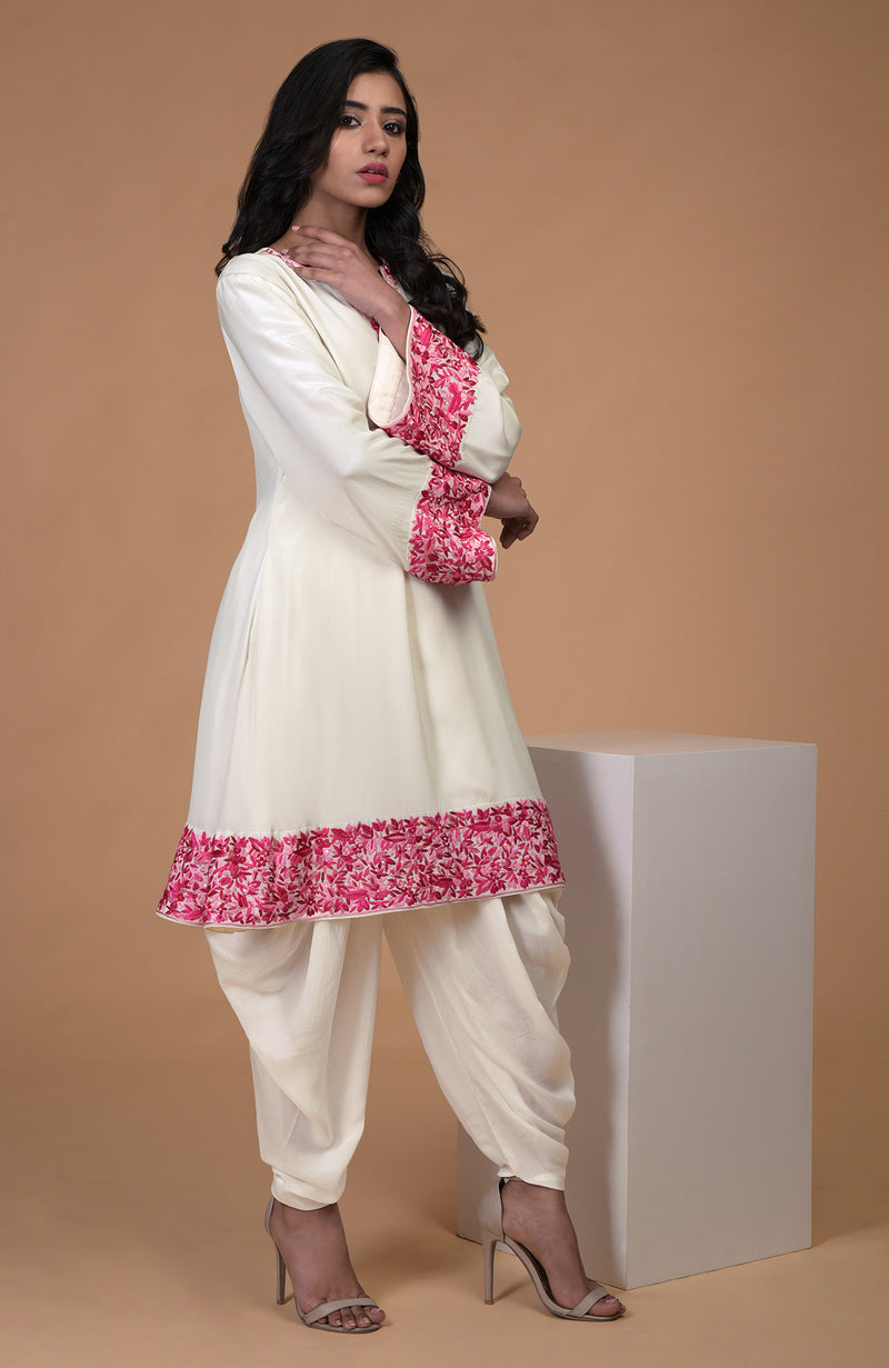 Ivory Pink Parsi Gara Embroidered Kurta Set