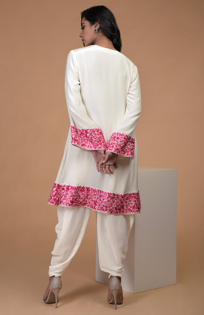 Ivory Pink Parsi Gara Embroidered Kurta Set