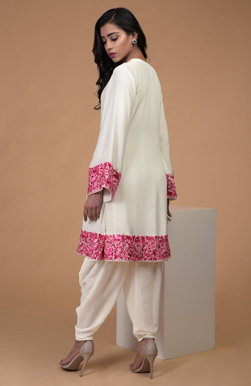 Ivory Pink Parsi Gara Embroidered Kurta Set