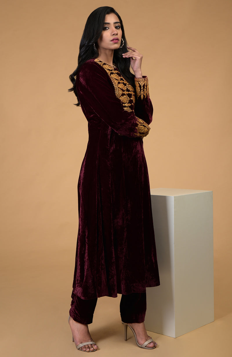 Rose Maroon Gold Kashmiri Tilla Embroidered Kurta Set