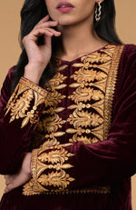 Rose Maroon Gold Kashmiri Tilla Embroidered Kurta Set