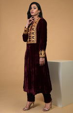 Rose Maroon Gold Kashmiri Tilla Embroidered Kurta Set