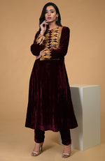 Rose Maroon Gold Kashmiri Tilla Embroidered Kurta Set