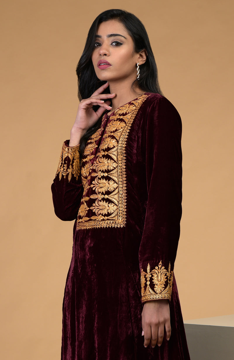 Rose Maroon Gold Kashmiri Tilla Embroidered Kurta Set