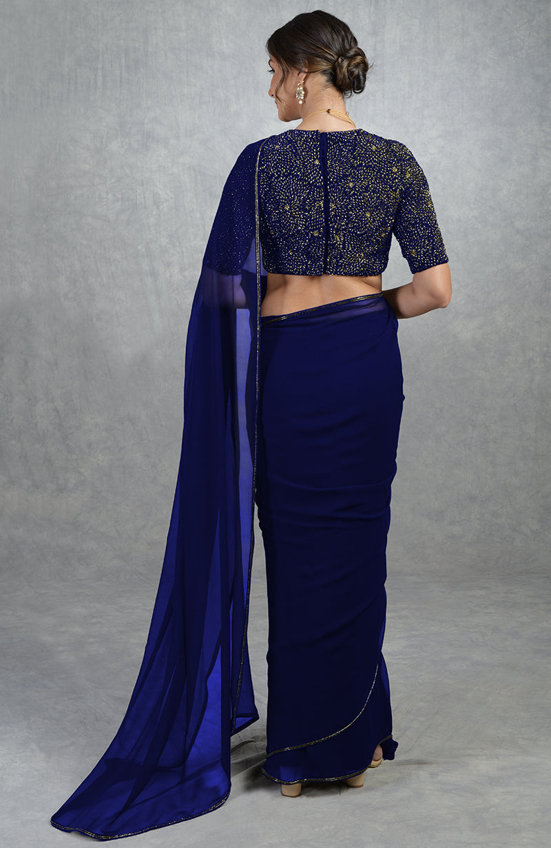 Royal Blue Gold Hand Embroidered Saree & Blouse