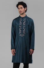 Teal Silk Kurta With Floral Embroidered Placket Detail