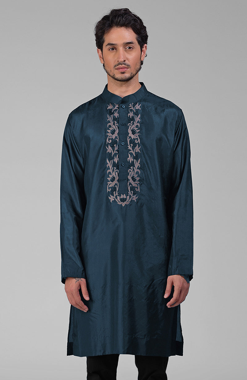 Teal Silk Kurta With Floral Embroidered Placket Detail