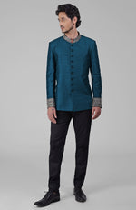 Teal Zardozi Hand Embroidered Silk Bandhgala Jacket Set