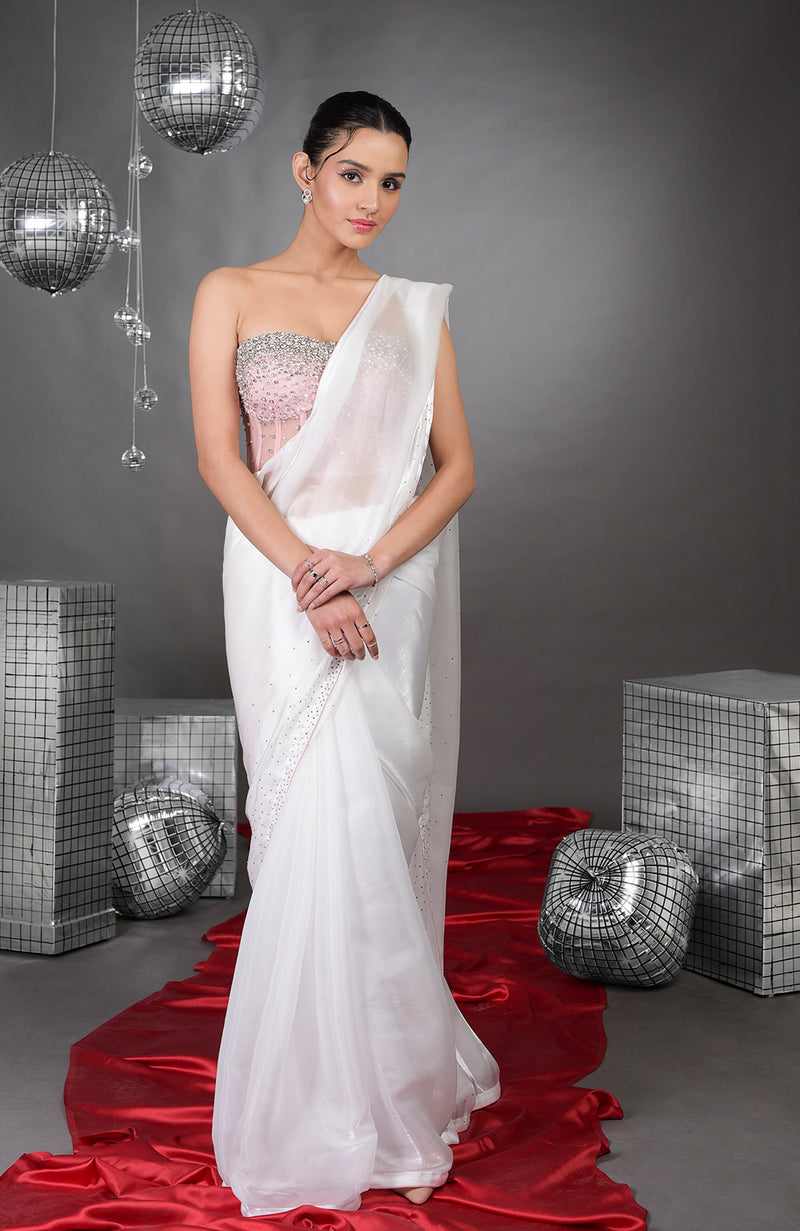 Amor Hand Embroidered Corset with Silver Light Saree – Talking Threads