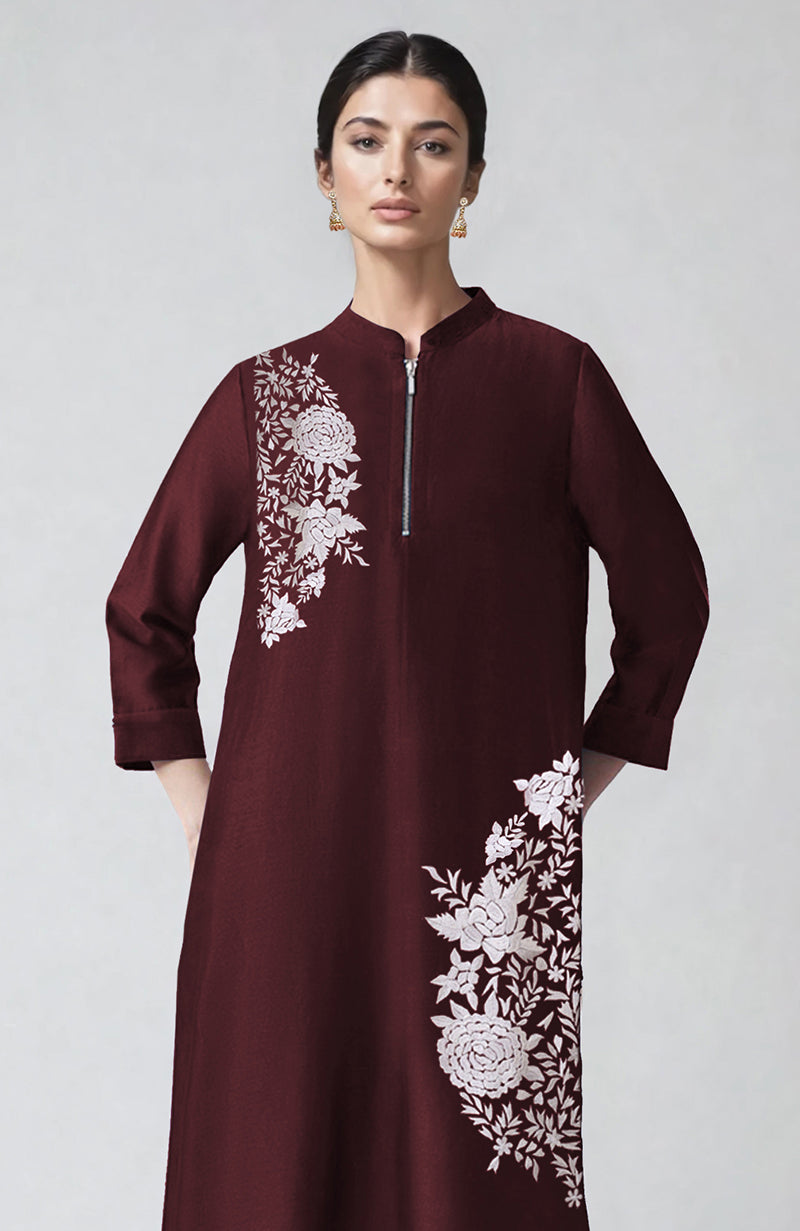 Wine Parsi Gara Embroidered Kaftan