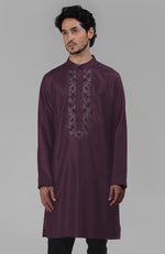 Teal Silk Kurta With Floral Embroidered Placket Detail