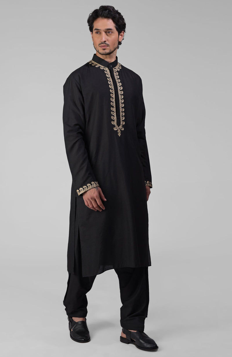 Classic Black Kashmiri Tilla Hand Embroidered Kurta Set