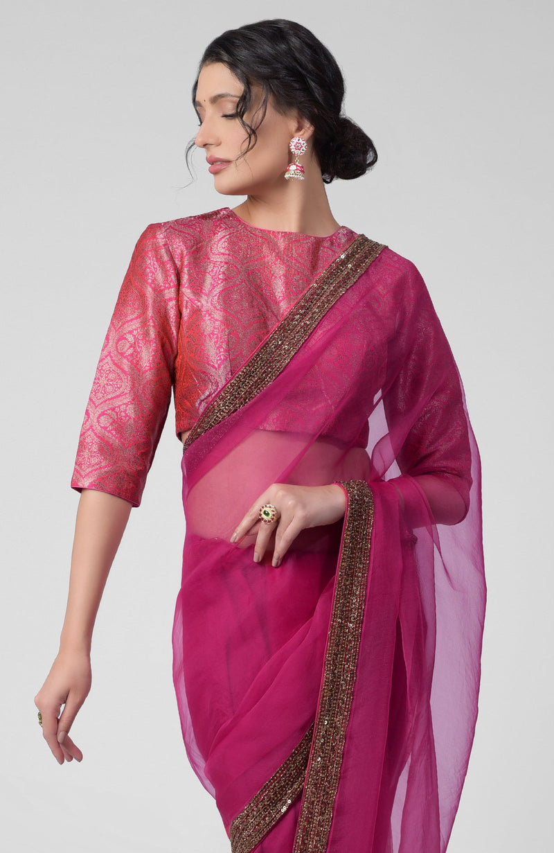 Tara - Fuchsia Hand Embroidered Zardozi Saree & Brocade Blouse