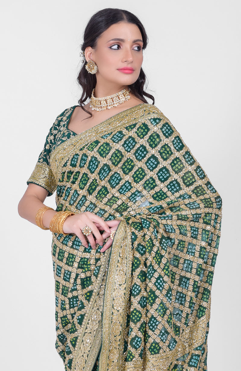 Masterpiece Bottle Green Bandhej & Banarasi Zari Zardozi Hand Embroidered Saree