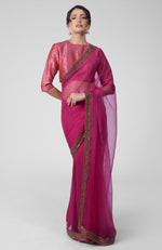 Tara - Fuchsia Hand Embroidered Zardozi Saree & Brocade Blouse