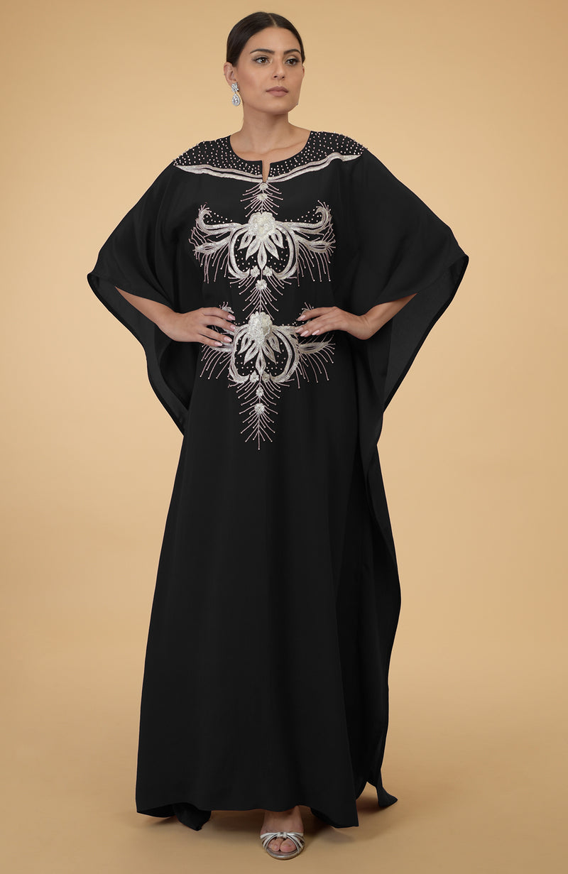 Teal- Silver Crystal and Beads Embroidered Kaftan