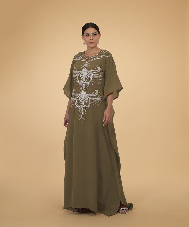 Olive- Silver Crystal and Beads Embroidered Kaftan