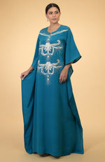 Teal- Silver Crystal and Beads Embroidered Kaftan