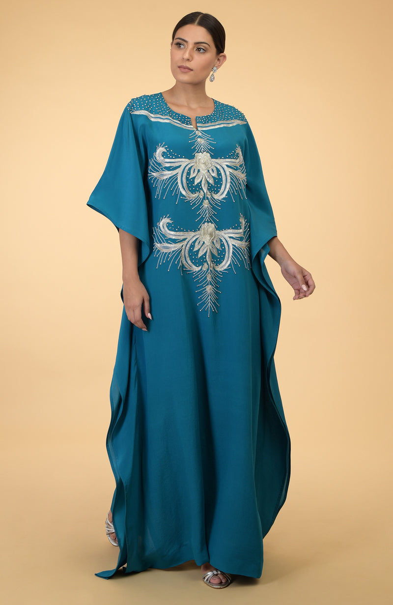 Olive- Silver Crystal and Beads Embroidered Kaftan