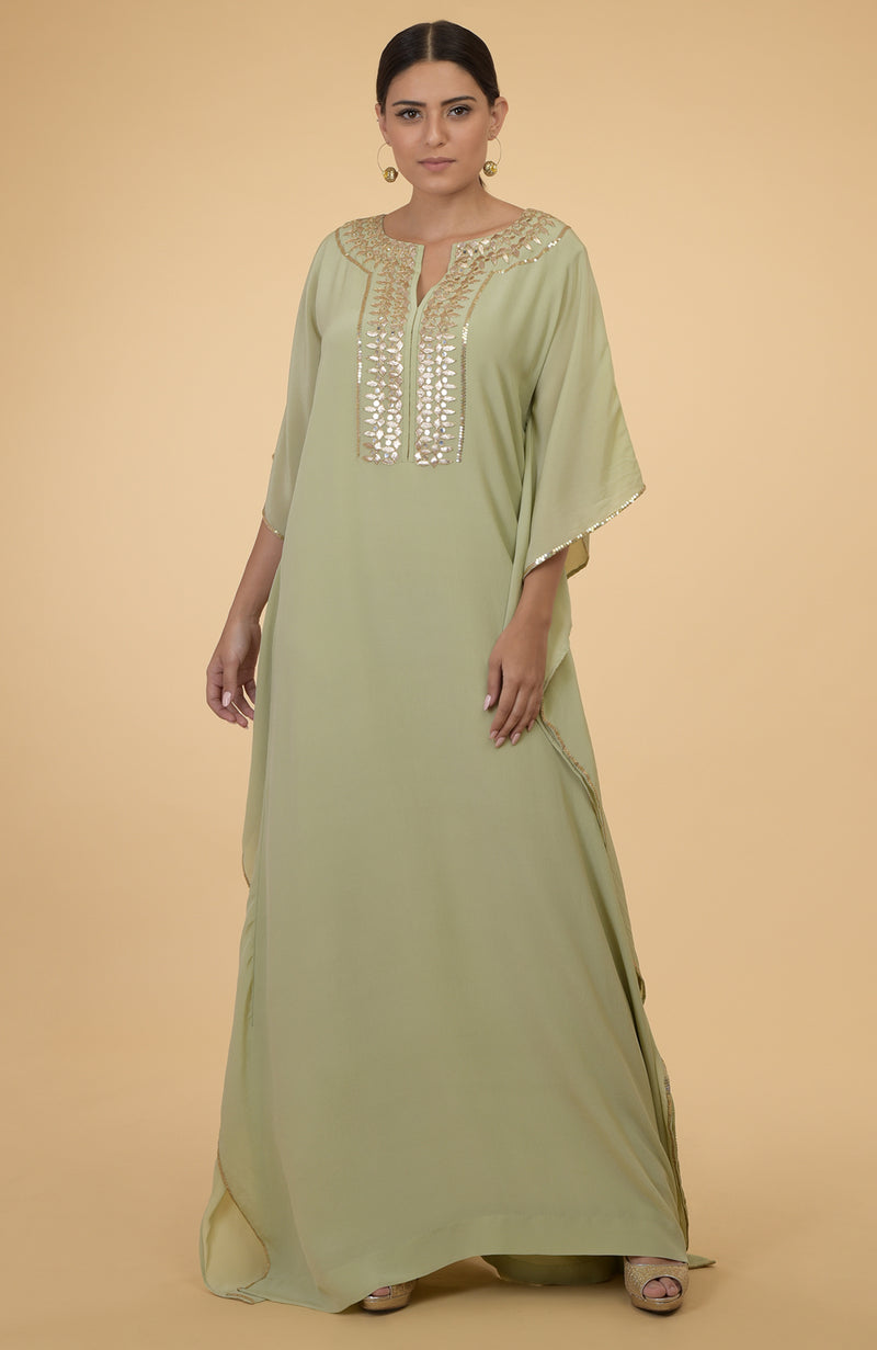 Sage Green- Gold Hand Embroidered Kaftan