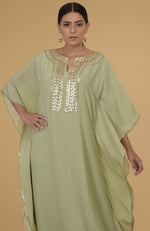 Sage Green- Gold Hand Embroidered Kaftan