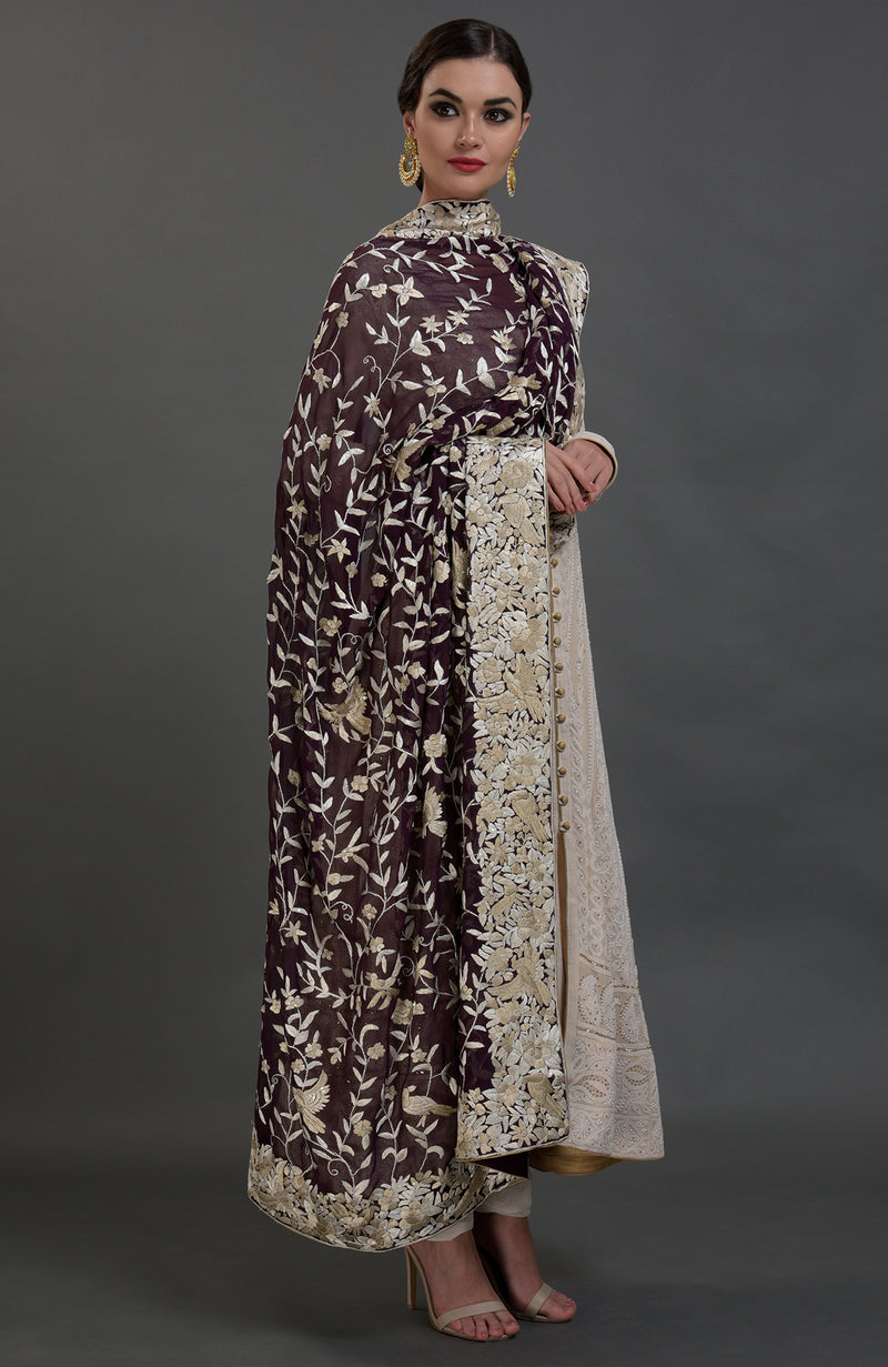 Champagne Chikankari Suit With Parsi Gara Hand Embroidered Dupatta