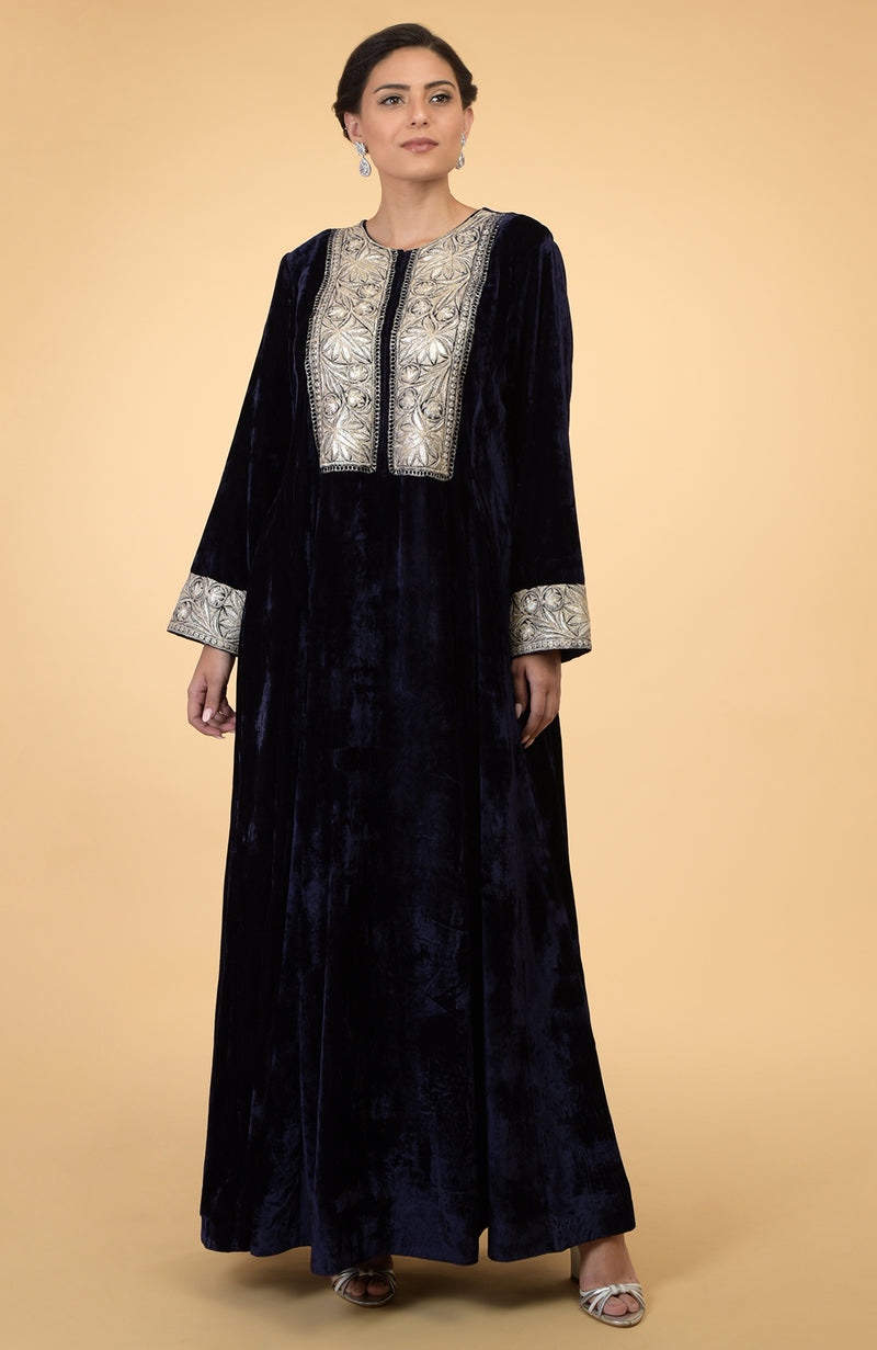 Midnight Blue- Silver Kashmir Embroidered Kaftan