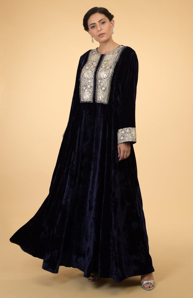 Midnight Blue- Silver Kashmir Embroidered Kaftan