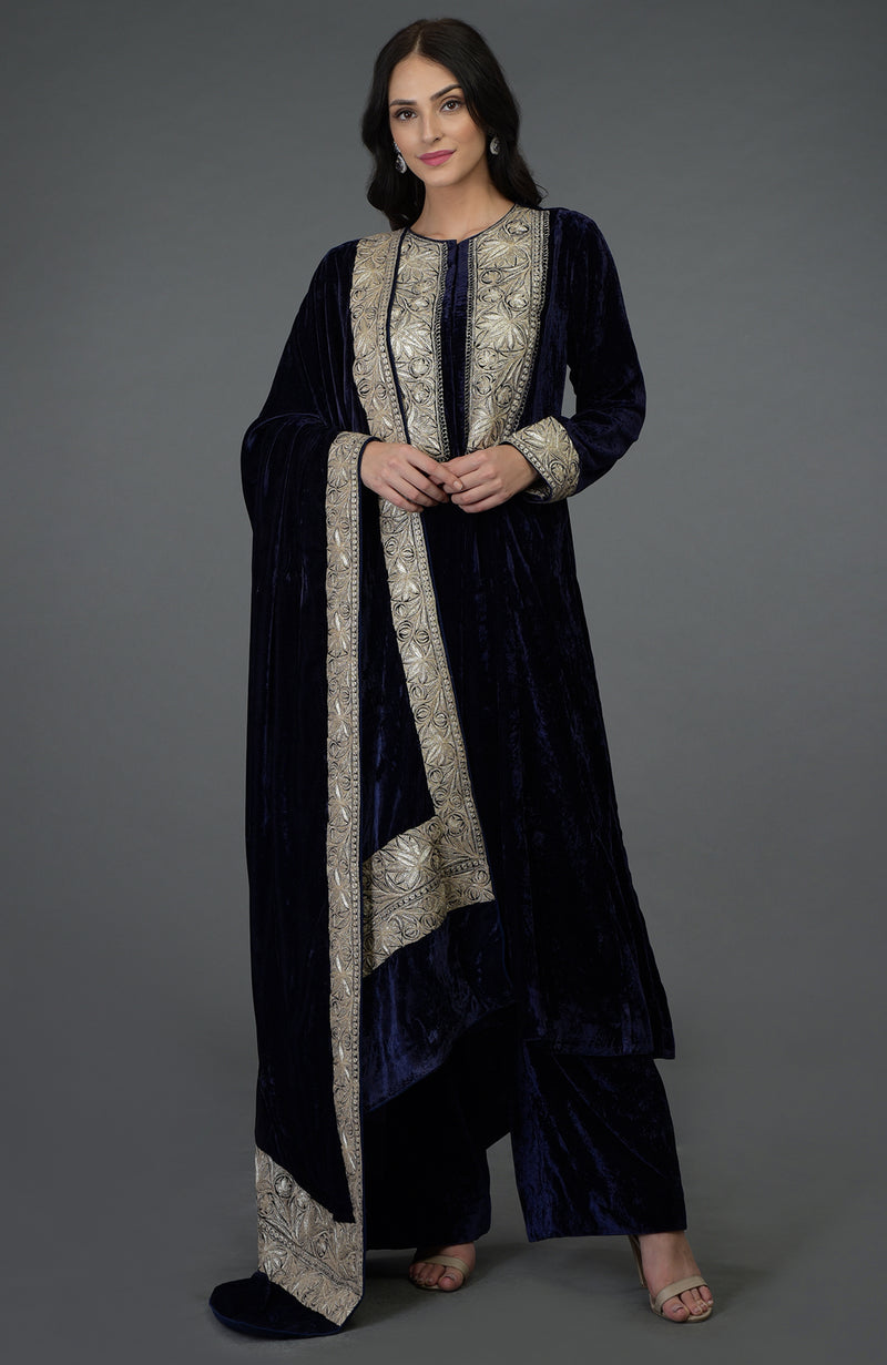 Midnight Blue Kashmiri Tilla Embroidered Dupatta with Suit