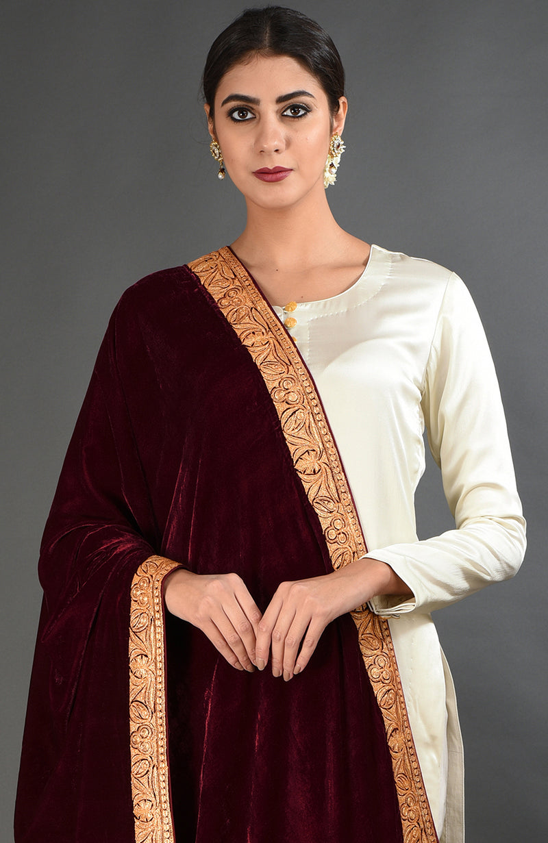 Maroon Kashmiri Tilla Embroidered Dupatta Shawl