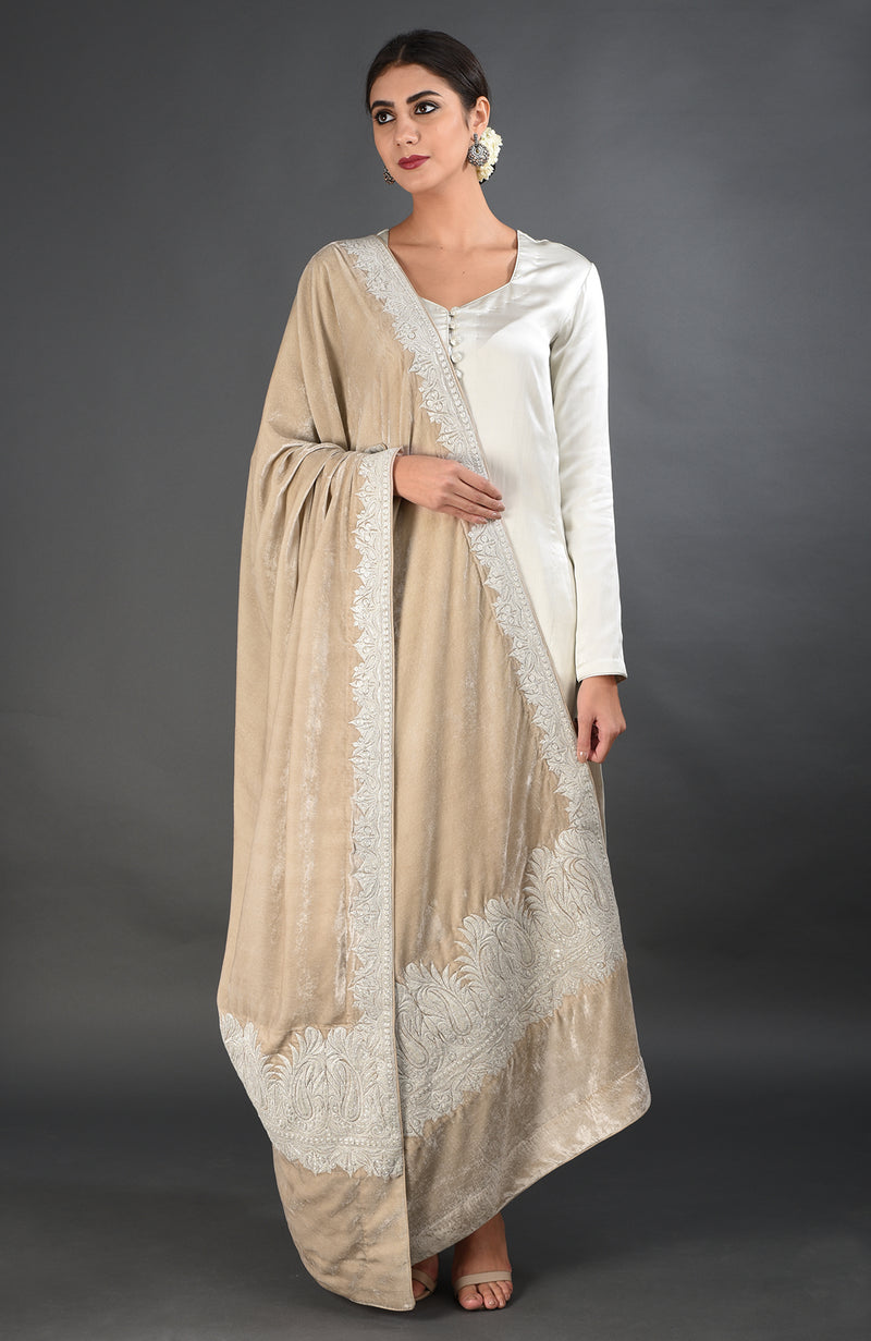 Beige Kashmiri Tilla Embroidered Dupatta with Suit