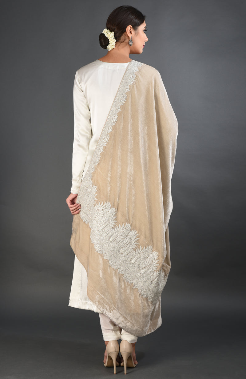 Beige Kashmiri Tilla Embroidered Dupatta with Suit