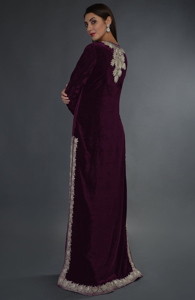 Kashmir Inspired Silver Tilla Embroidered Plum Suit