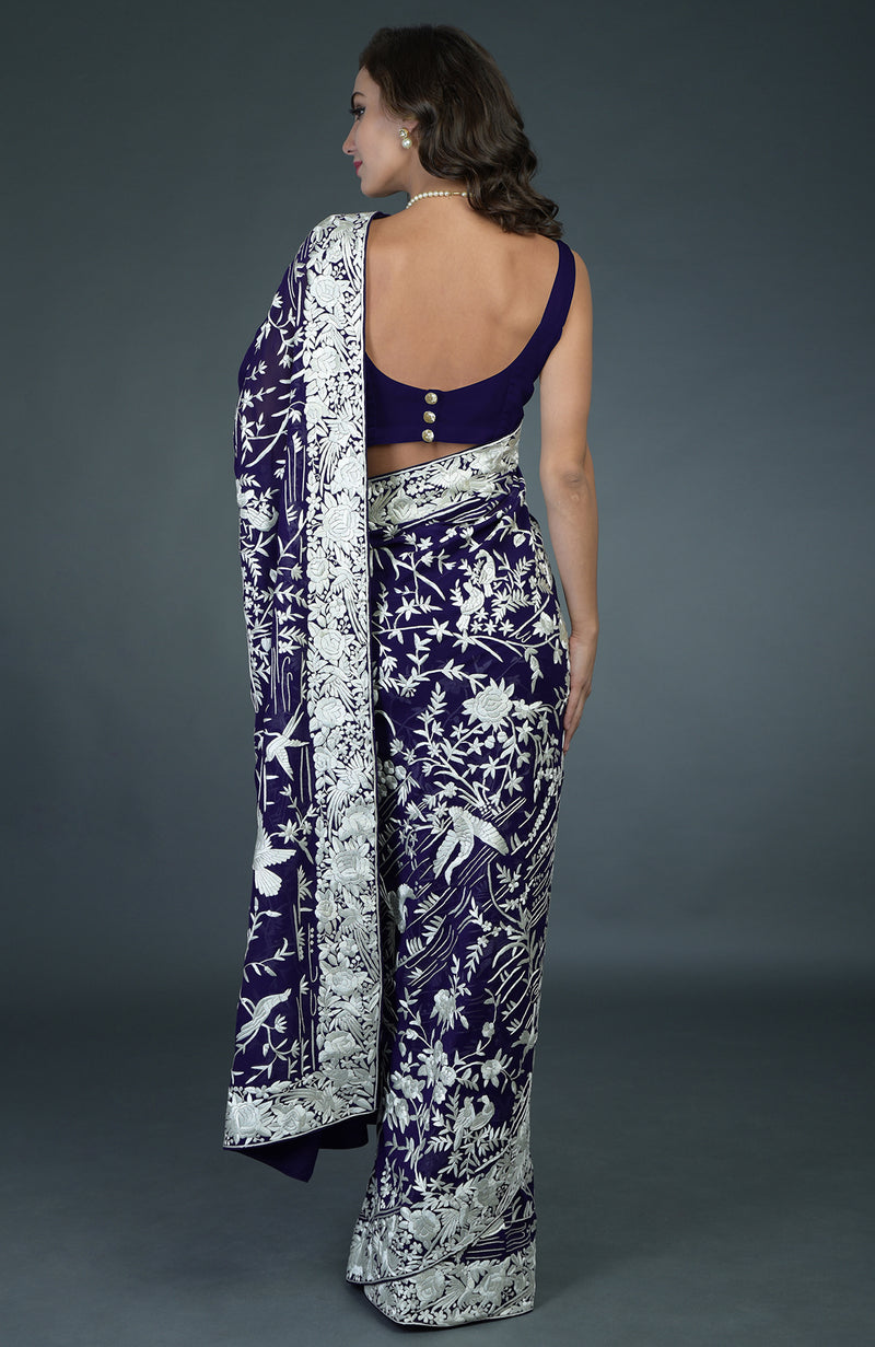 Masterpiece Navy Blue-Ivory Parsi Gara Hand Embroidered Saree