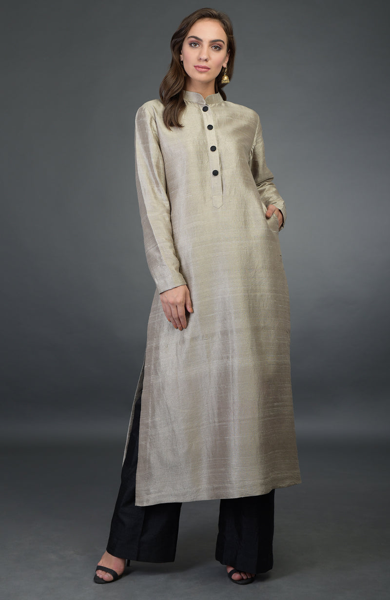 Beige-Black Raw Silk/ Silk/ Crepe/ Georgette Suit