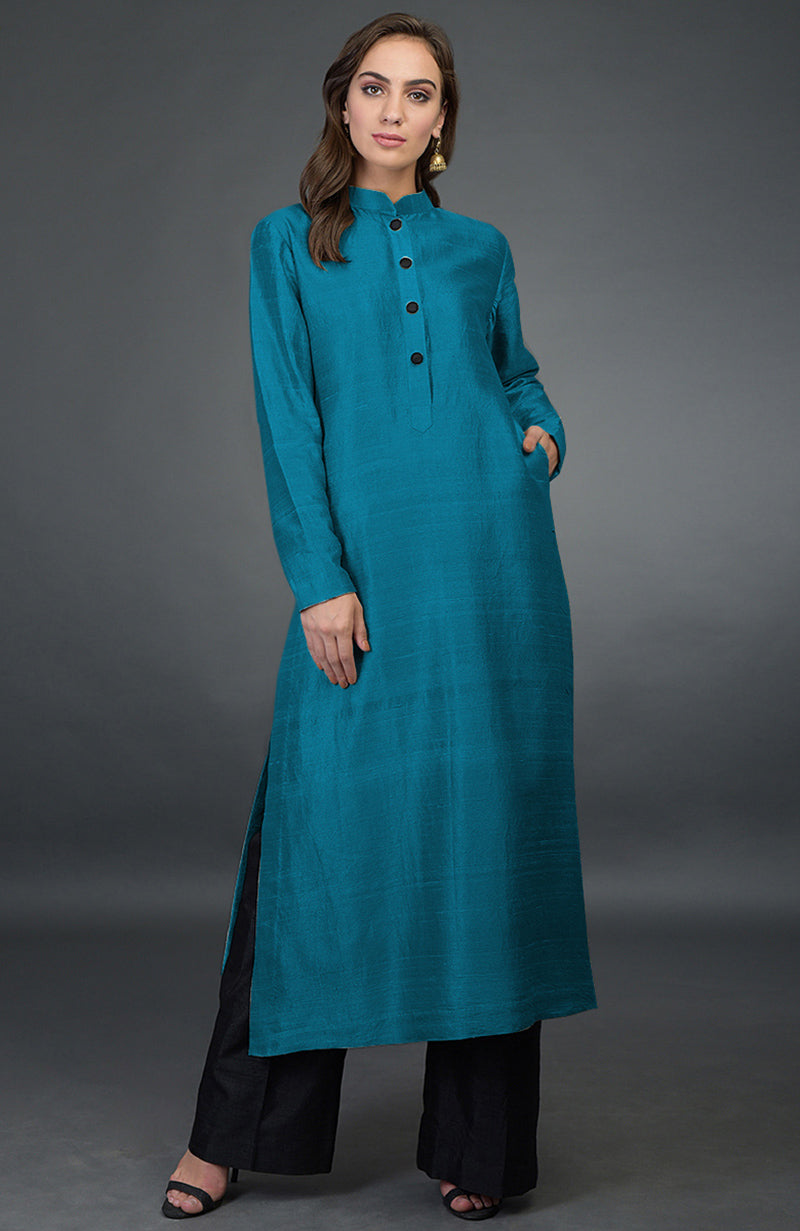 Teal Blue- Black Raw Silk/ Silk/ Crepe/ Georgette Suit