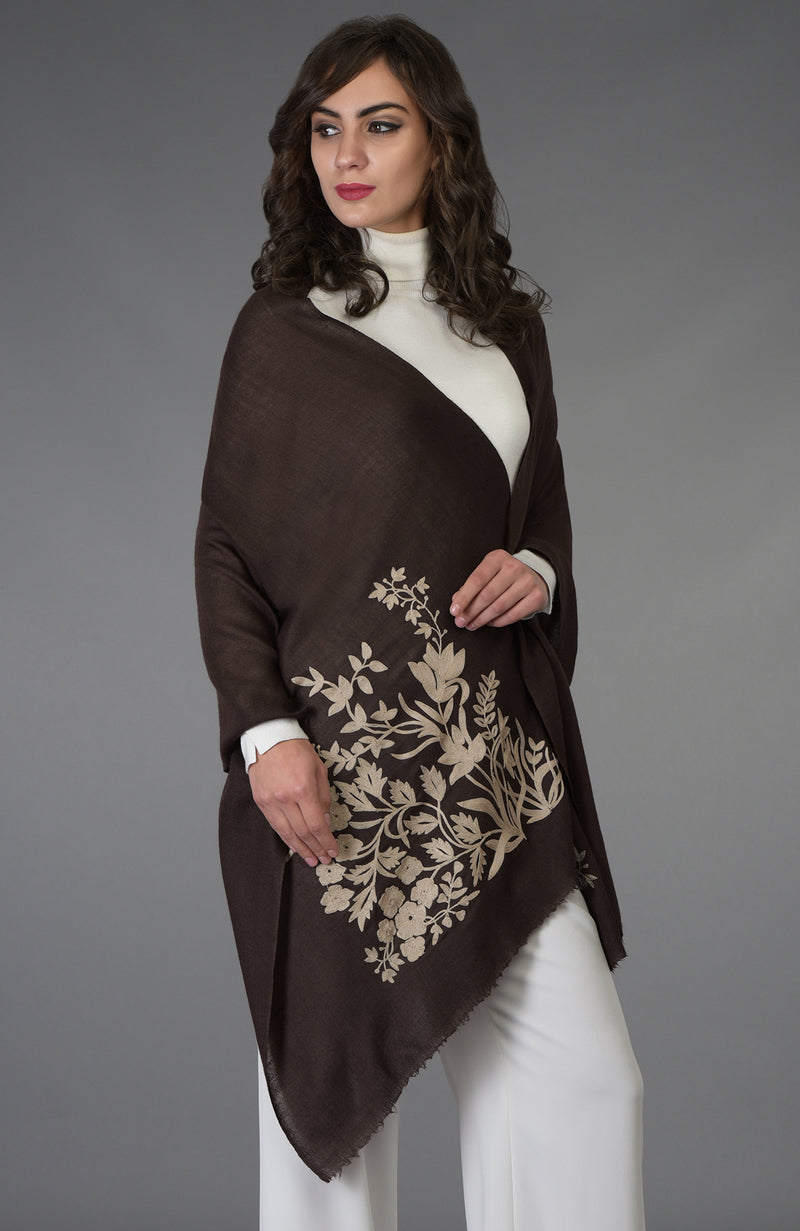 100% Pure Pashmina Brown Shawl with hand embroidered floral pattern –  modarta