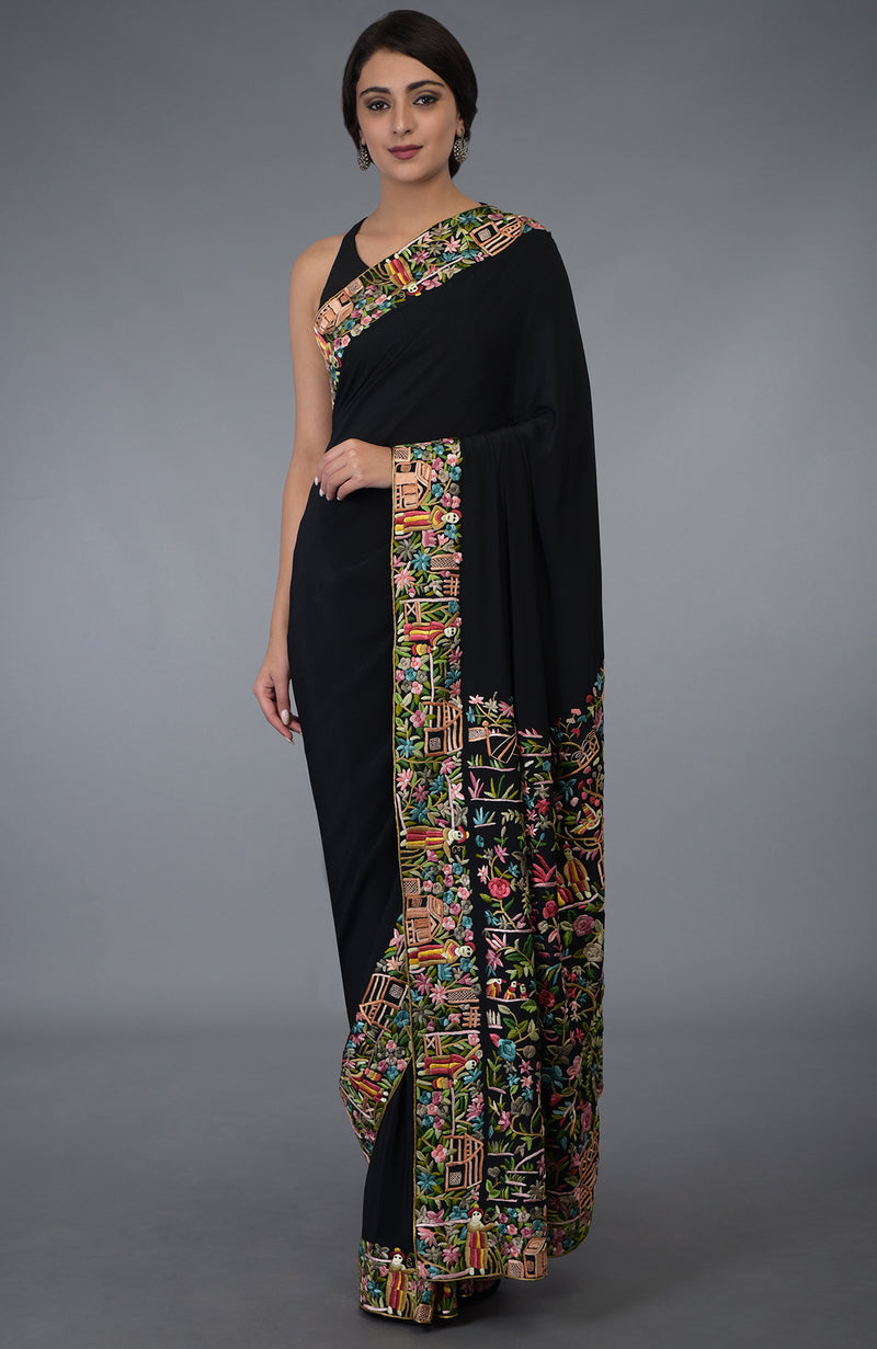 Black Parsi Gara Hand Embroidered Saree