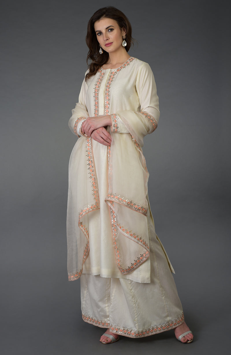 Ivory Resham Gota Patti and Pearl Beads Farshi Palazzo Suit