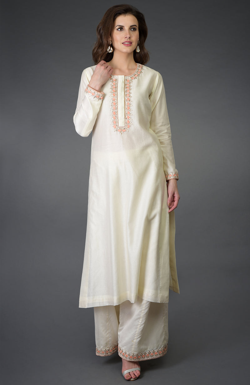 Ivory Resham Gota Patti and Pearl Beads Farshi Palazzo Suit