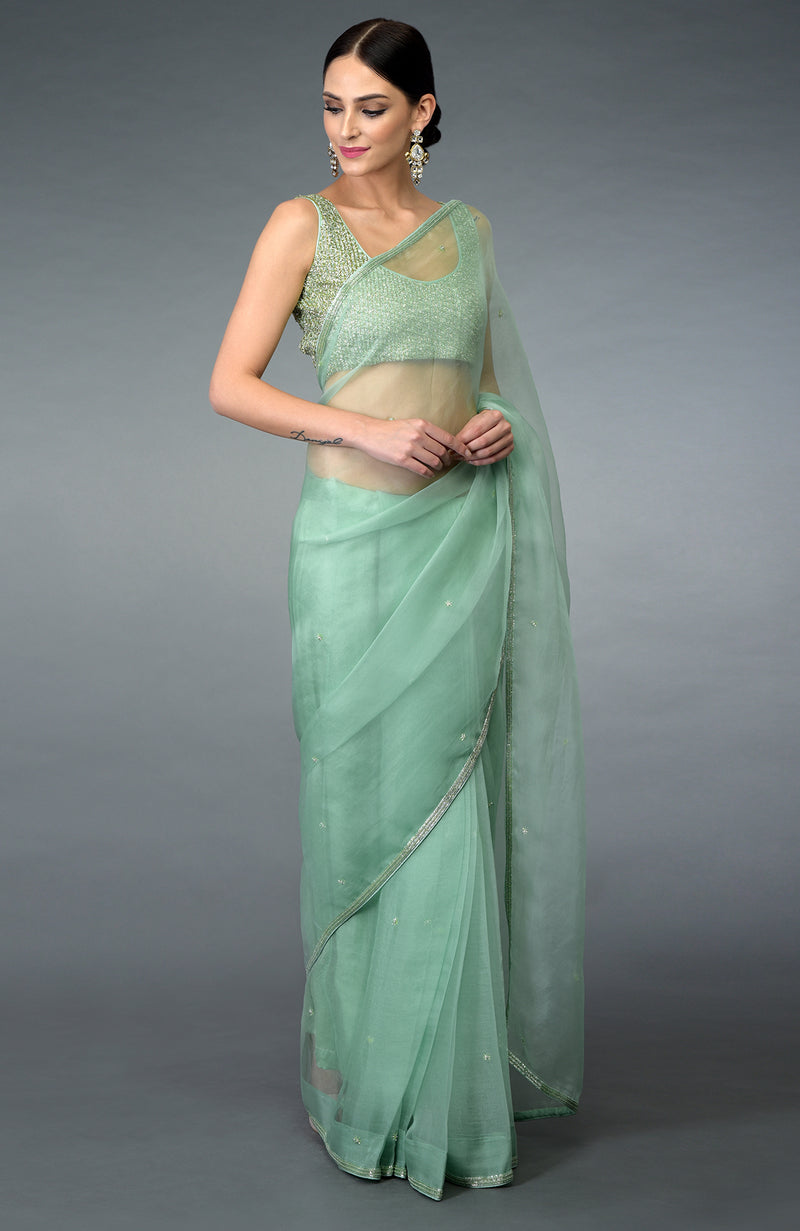 Banarasee Silk Cotton Mix Saree With Mirror Work-Mint Green