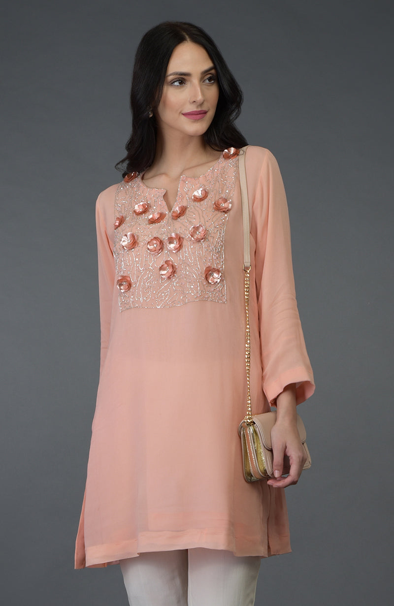 Peach Floral Embroidered Tunic Top