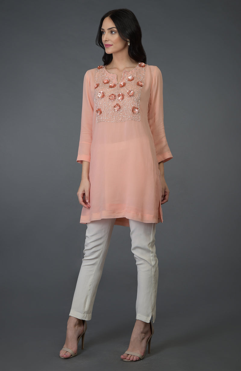 Peach Floral Embroidered Tunic Top