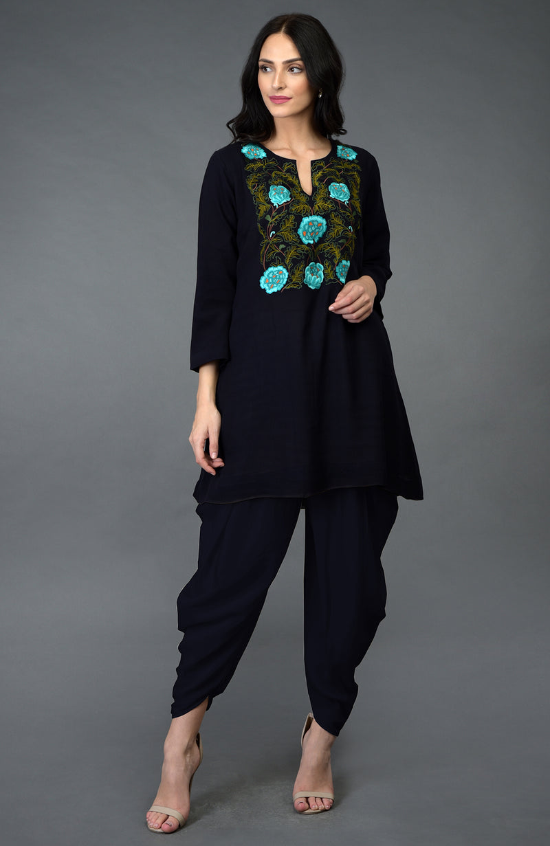 Midnight Blue Floral Embroidered Dhoti Pants Suit