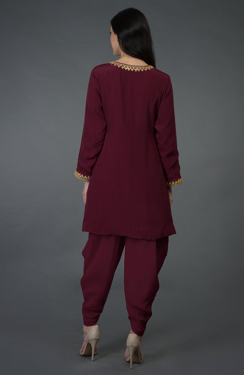 Burgundy Marori And Sequin Embroidered Dhoti Pants Suit