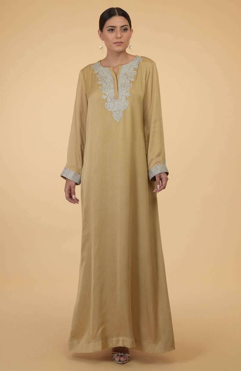 Beige- Silver Kashmir Embroidered Kaftan