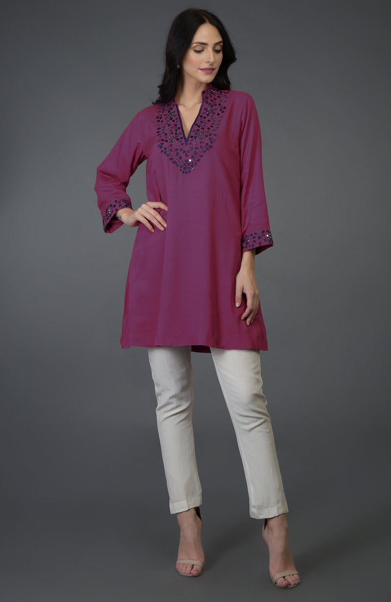 Peacock Pink Resham and Mirror Work Tunic Top